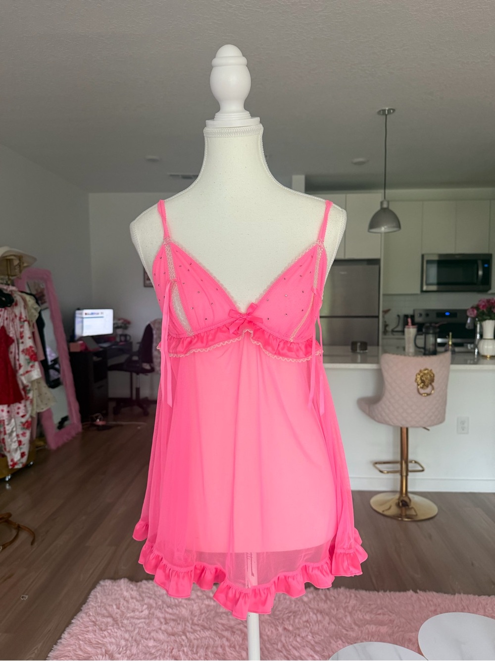 Victoria’s Secret Sheer Ruffle Hem Babydoll Nightie - Hot Pink